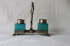 Antique French Bleu de Lin opaline glass silver mounts inkwell c 1820 picture