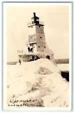 c1940's Ice Winter Lighthouse Men View Ludington Michigan MI RPPC Photo Postcard picture