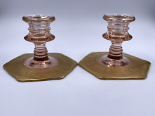 Vtg Pink Depression Glass Candlestick Holders Gilded Floral Gold Base picture