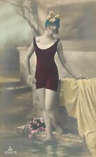 c1907 Hand-Colored French? RPPC Pretty Girl in Bathing Suit Steps into Pool 5065 picture