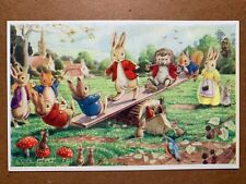 Postcard Artist Signed: Racey Helps - Dressed Animals Play on See-Saw picture