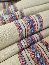 Antique Blue Red Grain Sack Nubby Fabric, Hungarian Hemp Feedsack Table Runner picture