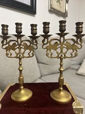 Pair Of Vintage Brass-Tone Metal 3-Holder Candlebra, Lions 12” picture