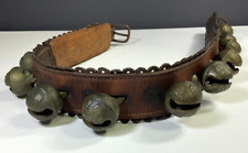 Antique Sleigh Bells on Leather Strap 12 Brass Bells picture