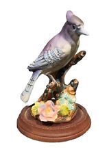 Vintage Ceramic Blue Jay Figurine 5.25” w/Wood Base ~ Mint picture