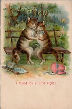 Cats In Love on Bench Anthropomorphic Humanized Animals Embossed Postcard X14 picture