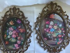 2 Vintage Oval Brass Colored Frames & Floral Pictures 10