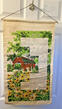 Vintage 1972 Fabric Tea Towel Wall Calendar Covered Bridge Spring Summer Flowers picture