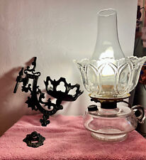 Vintage 1940s Glass Oil Lamp Electrified & Cast Iron Wall Mount Swing Bracket picture