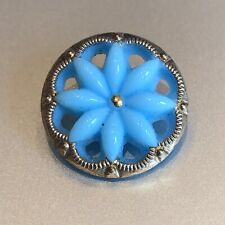 Vintage PIERCED  Glass Button BLUE  Flower with GOLD TRIM~ 3/4