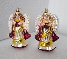 Vintage Angel Christmas Ornament Tin Glass Painted Gold White Red 5.5