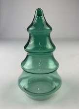 Green Glass Christmas Tree Shaped Candy Jar Container Vintage 7.5” Libbey Glass picture