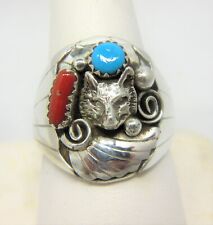 Native American Wolf Ring Size 10 1/2 Navajo Grace Smith Turquoise Coral 925 #51 picture
