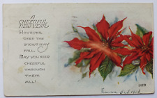 Antique 1922 A Cheerful New Year Christmas Message Poinsettia Flowers Postcard picture