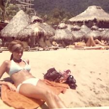 (Ab) FOUND PHOTO Photograph Snapshot Exotic Bikini Beach Huts 1973 Woman picture