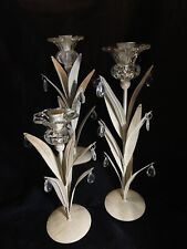 Vintage Distressed  Off White  Metal Leaf and Prisms Candle Stick Holders Set 3 picture