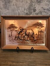 Vintage John Louw Framed Art 3D Raised Copper Elephant & calf Art framed picture