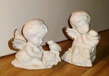 2 Vintage Bisque Porcelain Angel/Cherub Figurines with Gold Tipped Wings picture