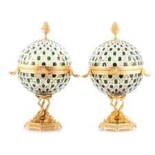 RARE BEAUTIFUL GOLD PAIR OF FRENCH GREEN DIAMOND CUT CRYSTAL EGG LIQUOR SERVERS picture