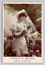 RPPC Colorized Woman Bride w/ Flowers Real Photo, Antique B4 picture