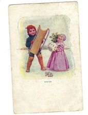 c1900s Winter Cute Boy Girl Sled Maud Humphrey Artist Signed Postcard UNPOSTED picture