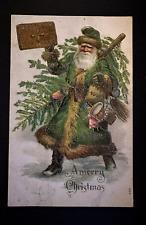 Long Green Robe Santa Claus with Tree~Toys~Antique Christmas Postcard~h799 picture