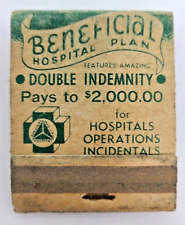 Vintage Matchbook Beneficial Hospital Plan Full Book Front Strike Veteran Owned picture