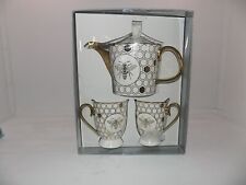Chelsea Bistro Porcelain 3 Piece Tea Set White and Gold Bee Honeycomb Gift Set picture