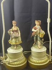 Vintage pair porcelain bisque figural table lamp boy girl flowers pastoral picture