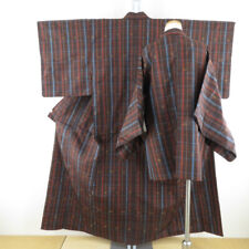 Tsumugi kimono Ansemble Silk Grid pattern Brown 60.2inch Women's picture