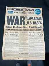 1941 WAR JAPS BOMB U.S. BASES HEADLINE, DEC 8TH, LOS ANGELES TIMES EXTRA, 4 PGS picture