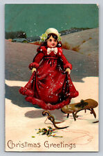 c1910 Old World Girl Sled Winter Scene Snow Christmas  P812 picture