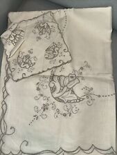Vintage Pure Linen Table Cloth Hand Embroidery, Made In Portugal 62”x82” picture