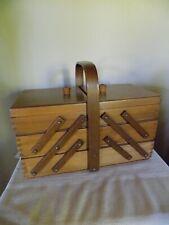 LARGE Vintage Accordion Wooden Sewing Box Chest 3 Tier Fold Out Dovetails MCM picture