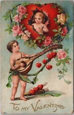 c1910s VALENTINE'S DAY Embossed Postcard Cupid MANDOLIN Serenade / Unused picture