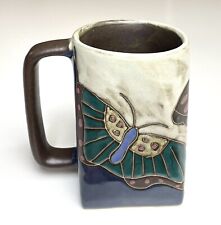 Handmade Butterfly Pottery Mug Signed Mara Brown Blue Multicolored Mexico picture