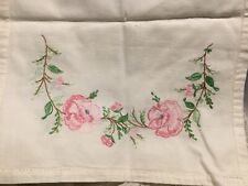 Vintage MCM Hand Embroidered Centerpiece Table Runner Picot stitching Pink Roses picture