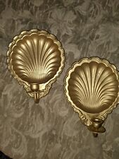 Pair of Clam Shell Wall Sconce Vintage Brass Scalloped Candle Holder picture
