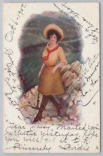 Artist HM Pollock~Miner Lady In Skirt & Heels With Pickaxe In Rocks~1907 UDB PC picture