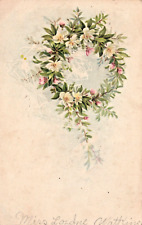 1908 GREETING POSTCARD Yellow & Pink Flowers in Beautiful Wreath Antique picture