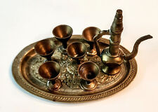 Antique Miniture Brass Wine/Tea Set Surahi Goblets & Tray Dallah Style India picture