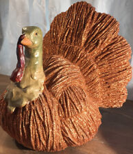Large Glittery Orange Turkey Carved Head 10” Decor Thanksgiving Autumn Holiday picture