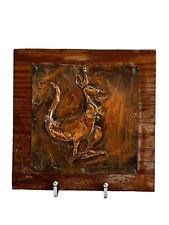 Hand Crafted Hammered Folk Art Rustic Copper Kangaroo Solid Wood Plank 8x8” picture