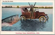 Vintage 1930s CROMWELL, Indiana Comic Greetings Postcard Fishing Exaggeration picture