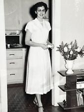 U4 Photograph Pretty Woman White Dress Glasses 1940-50's Lovely Lady Cute picture
