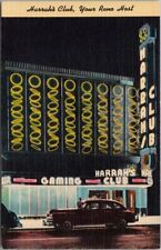 c1950s RENO, Nevada Postcard HARRAH'S CLUB CASINO Street Scene / Night - Linen picture