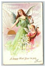 Vintage 1907 Tuck's New Years Postcard Angels with Cornucopia & Hour Glass NICE picture