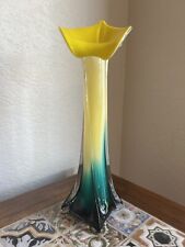 Vintage 11.5” Murano Art Glass Stretch Tulip Vase Yellow Blue Jack In The Pulpit picture