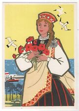 1966 Young Girl with poppies in national costume Estonia ART Russia postcard Old picture