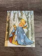Vintage Christmas Card Girl In Forest Snowflakes Best Wishes, Crestwick, Used picture